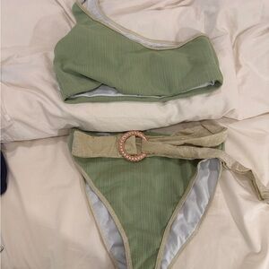 Green One-Shoulder Bikini Set with Gold Accents